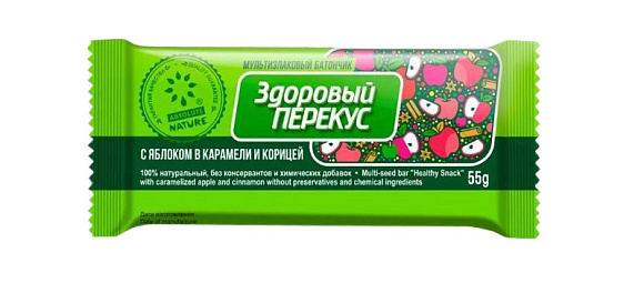 Батончик мюсли ЗДОРОВЫЙ ПЕРЕКУС ЯБЛОКО В КАРАМЕЛИ С КОРИЦЕЙ 55гр 20шт/уп