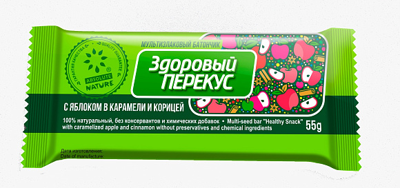 Батончик мюсли ЗДОРОВЫЙ ПЕРЕКУС ЯБЛОКО В КАРАМЕЛИ С КОРИЦЕЙ 55гр