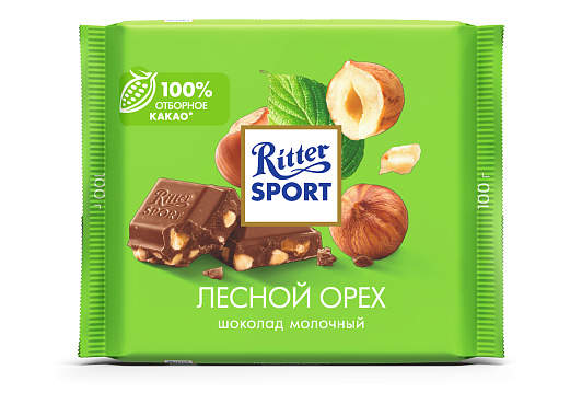 Плитка шоколадная РИТТЕР СПОРТ МОЛОЧНЫЙ ДРОБЛЕНЫЙ ЛЕСНОЙ ОРЕХ 100гр