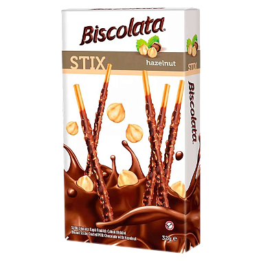 Палочки бисквитные BISCOLATA С ЛЕСНЫМ ОРЕХОМ, ПОКРЫТЫЕ МОЛОЧНЫМ ШОКОЛАДОМ 32гр 