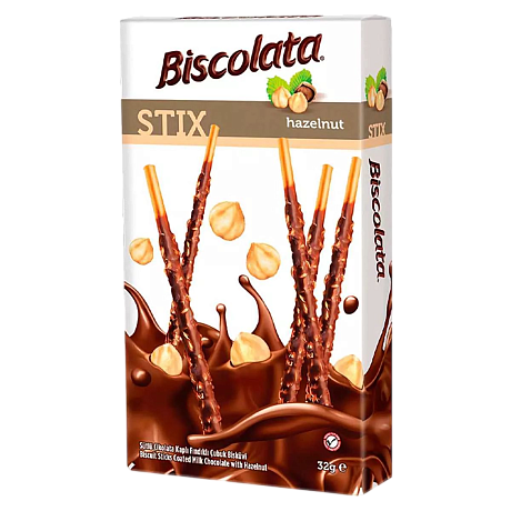 Палочки бисквитные BISCOLATA С ЛЕСНЫМ ОРЕХОМ, ПОКРЫТЫЕ МОЛОЧНЫМ ШОКОЛАДОМ 32гр 