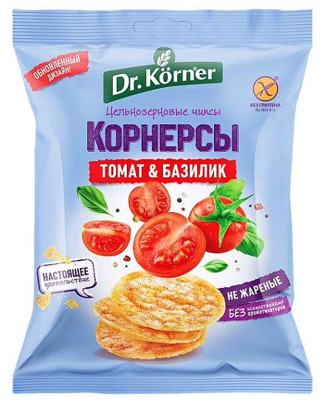 Чипсы цельнозерновые DR. KORNER КУКУРУЗНО-РИСОВЫЕ С ТОМАТОМ И БАЗИЛИКОМ 50гр