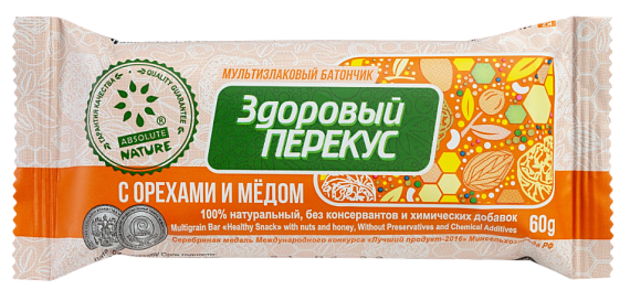 Батончик мюсли ЗДОРОВЫЙ ПЕРЕКУС С ОРЕХАМИ И МЕДОМ 60гр