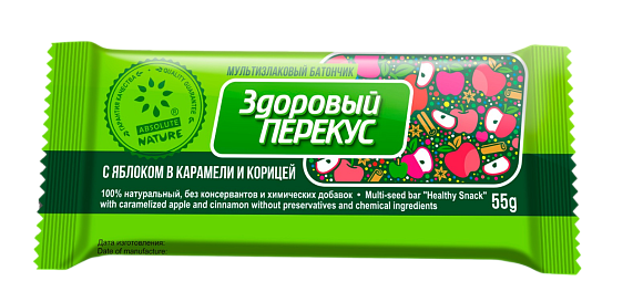 Батончик мюсли ЗДОРОВЫЙ ПЕРЕКУС ЯБЛОКО В КАРАМЕЛИ С КОРИЦЕЙ 55гр 