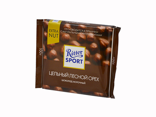 Плитка шоколадная РИТТЕР СПОРТ МОЛОЧНЫЙ ЦЕЛЬНЫЙ ЛЕСНОЙ ОРЕХ 100гр
